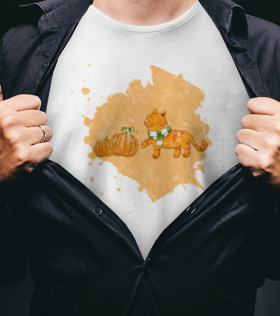 Kitty With Scarf And Pumpkins On Splash Background T-Shirt