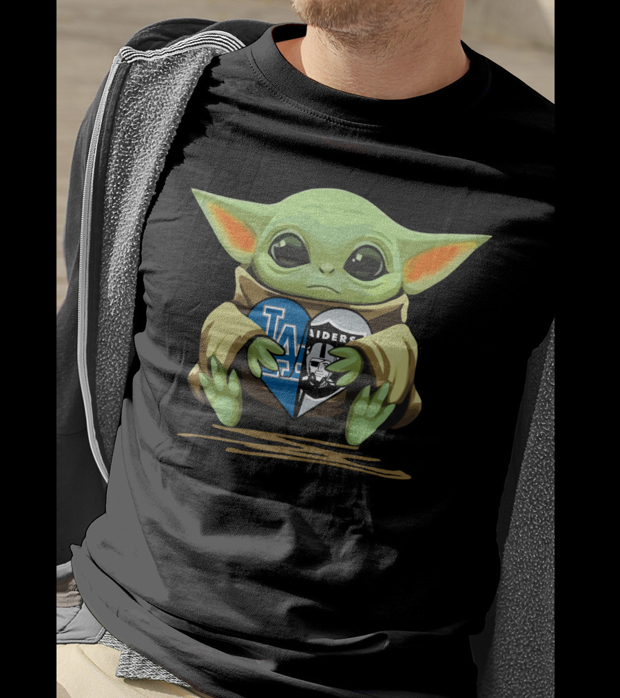 Baby Yoda Holding Heart With Raiders Dodgers Logos T-Shirt