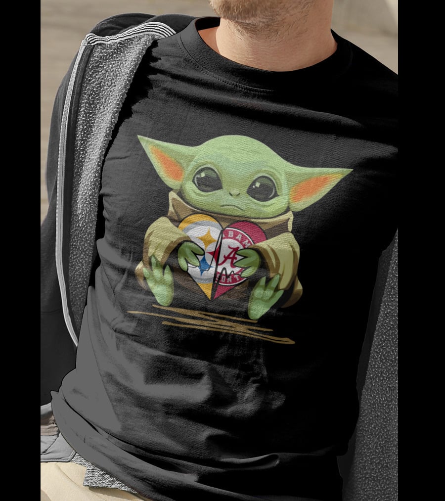 Baby Yoda Holding Pittsburgh Steelers Crimson Tide Alabama Heart T-Shirt