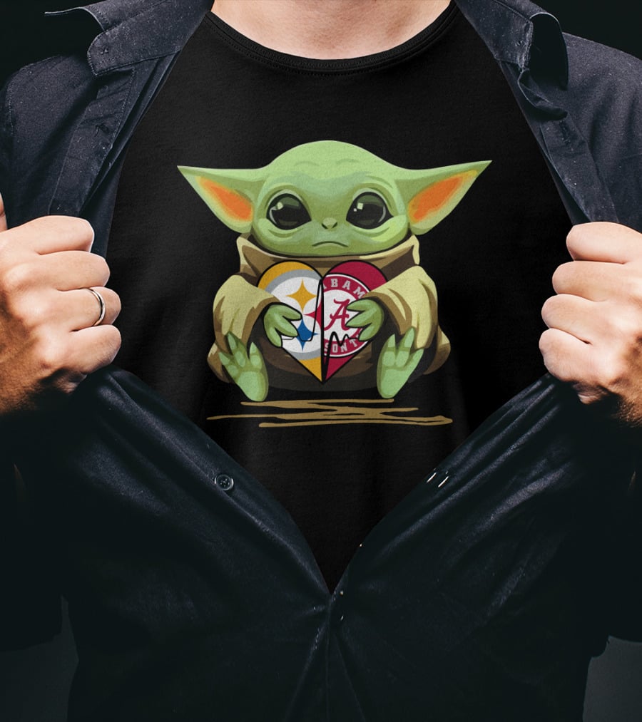 Baby Yoda Holding Pittsburgh Steelers Crimson Tide Alabama Heart T-Shirt
