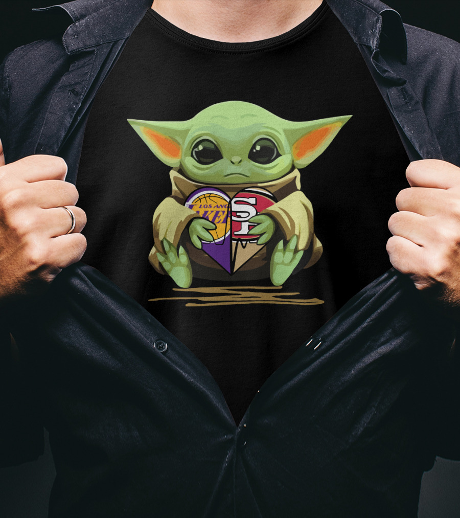 Baby Yoda Holding Los Angeles Lakers San Francisco 49ers Heart T-Shirt