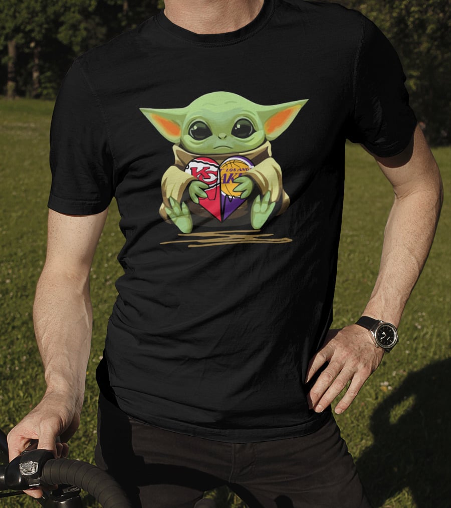 Baby Yoda Holding Kansas City Chiefs Los Angeles Lakers Heart T-Shirt