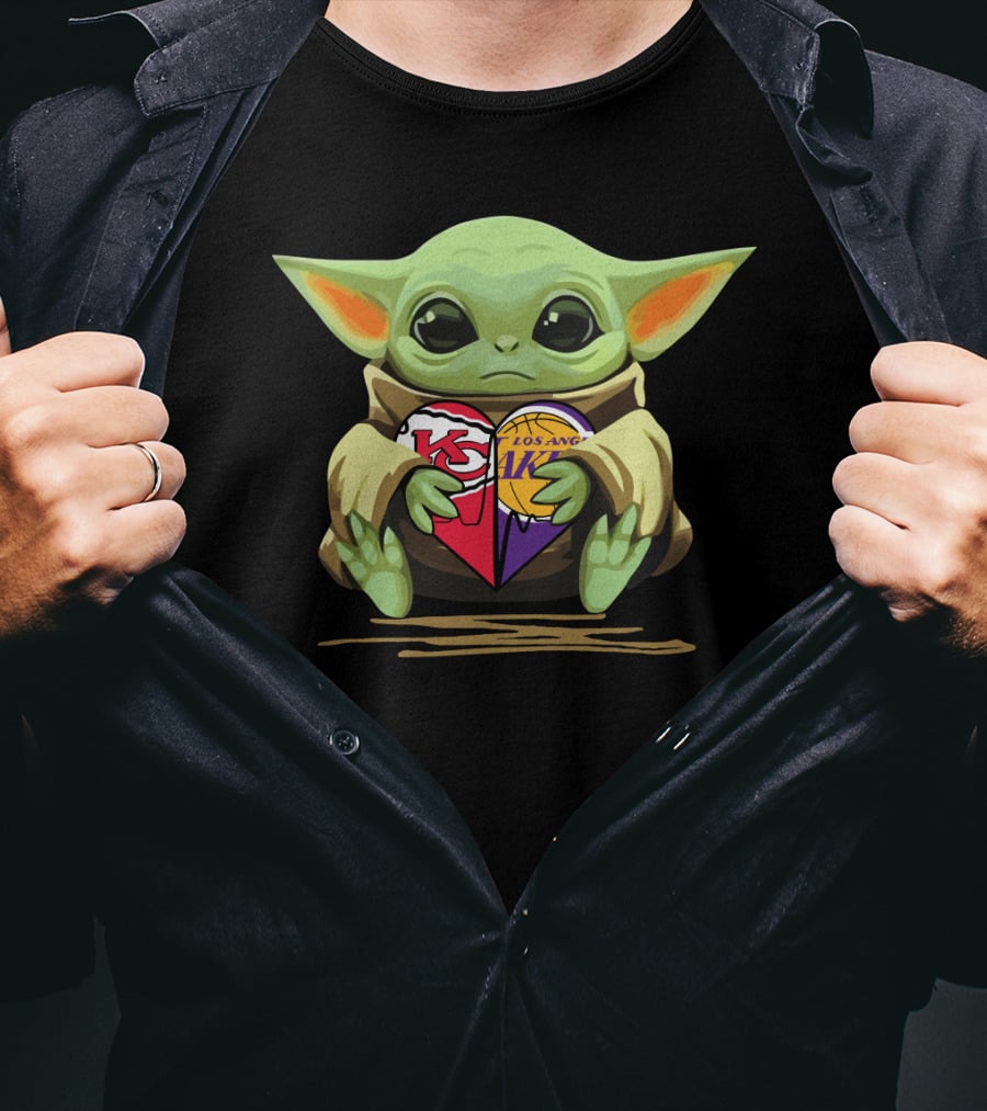 Baby Yoda Holding Kansas City Chiefs Los Angeles Lakers Heart T-Shirt