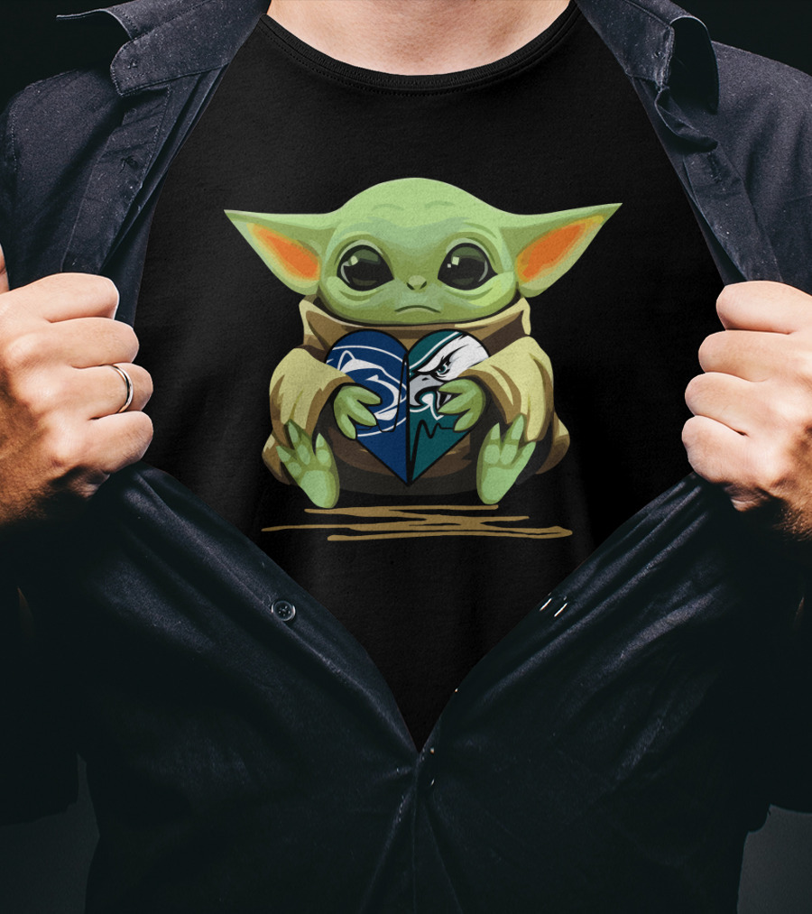 Baby Yoda Holding Eagles Lions Heart T-Shirt