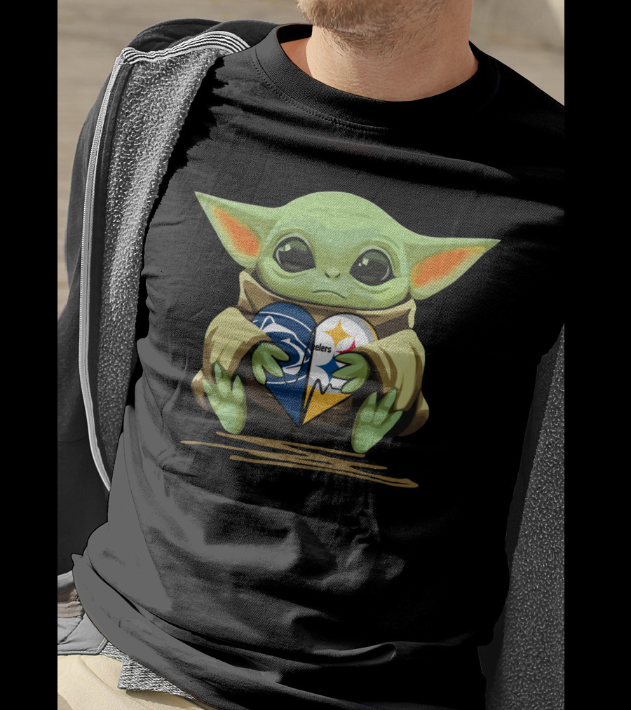 Baby Yoda Holding Steelers And Lions Heart Logo Fan Love T-Shirt