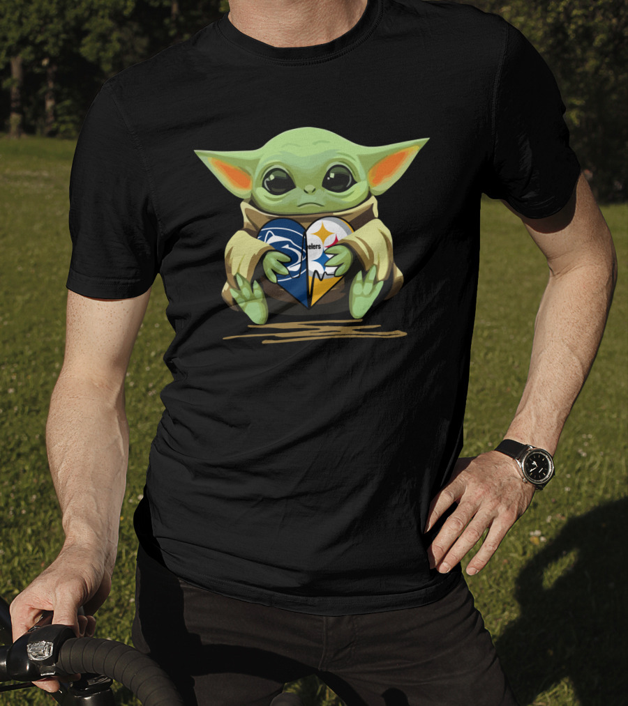 Baby Yoda Holding Steelers And Lions Heart Logo Fan Love T-Shirt