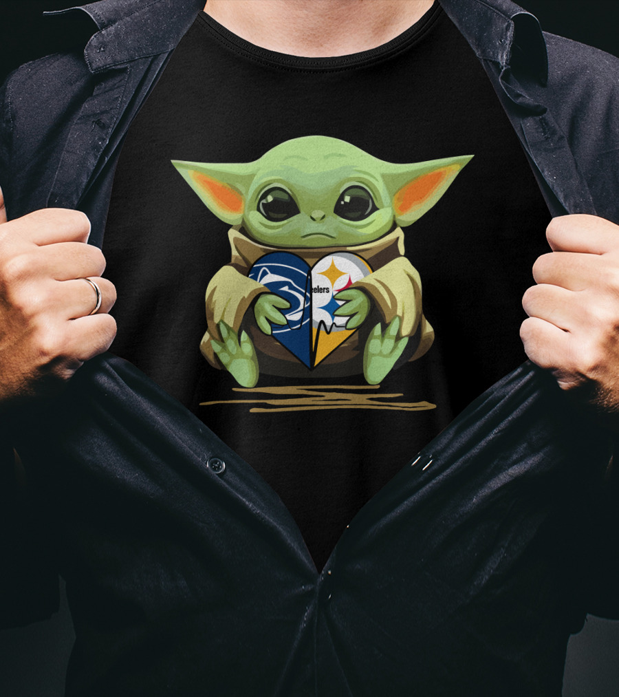 Baby Yoda Holding Steelers And Lions Heart Logo Fan Love T-Shirt