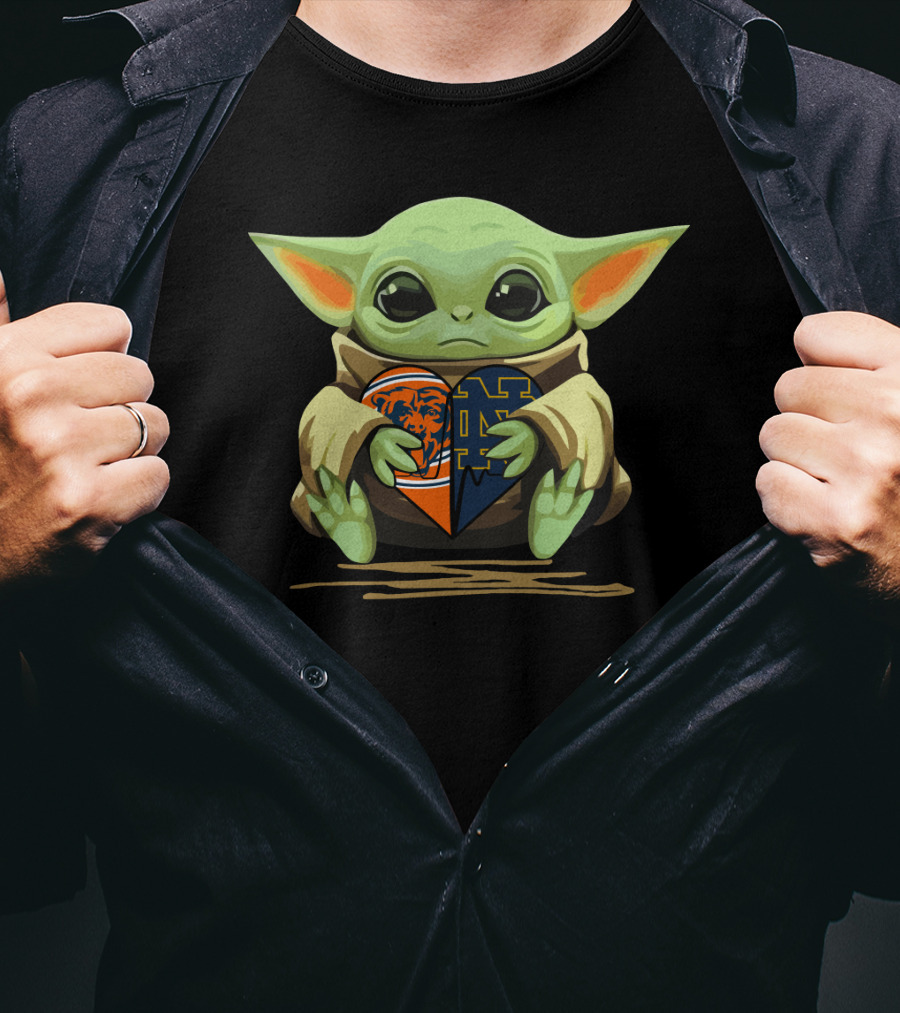 Baby Yoda Holding Chicago Bears And Notre Dame Irish Heart-Shaped T-Shirt