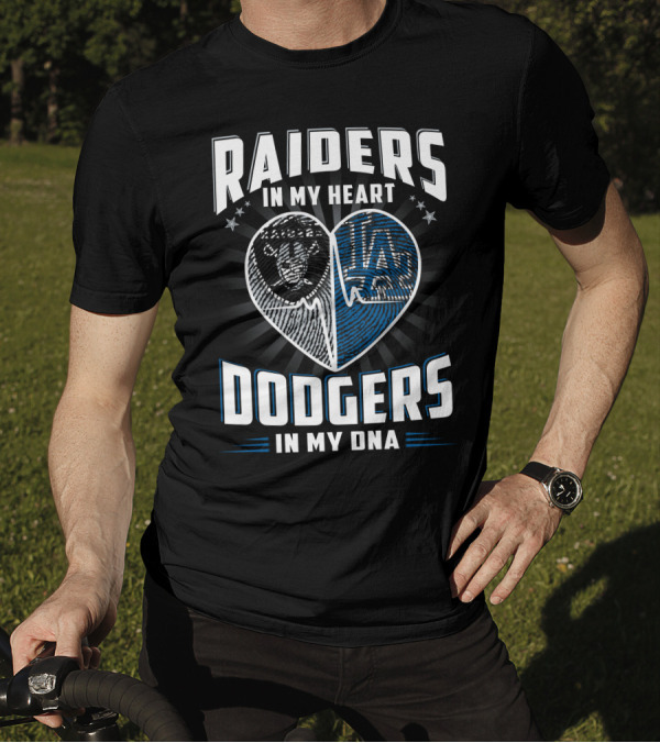 RAIDERS IN MY HEART DODGERS IN MY DNA Heartbeat T-Shirt