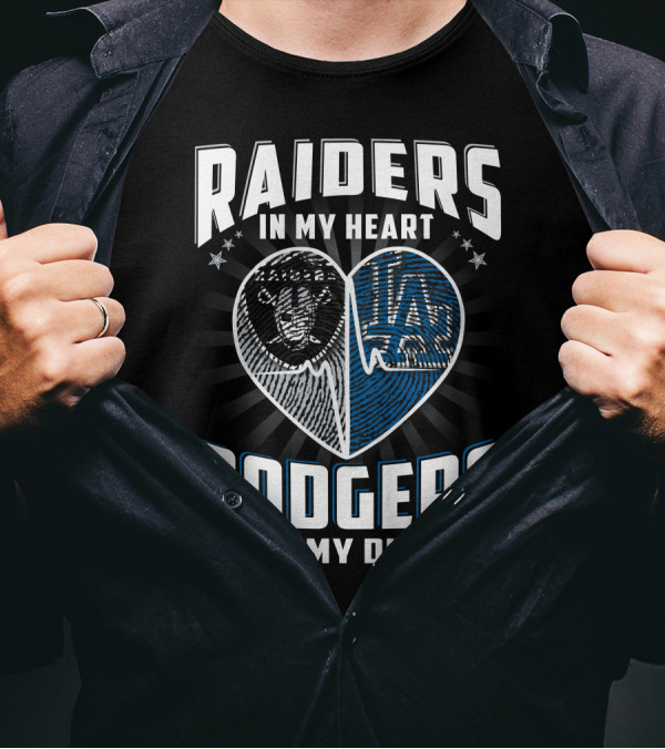 RAIDERS IN MY HEART DODGERS IN MY DNA Heartbeat T-Shirt