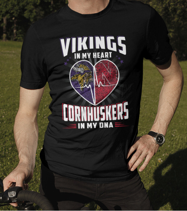 VIKINGS IN MY HEART CORNHUSKERS IN MY DNA FINGERPRINT HEARTBEAT T-Shirt