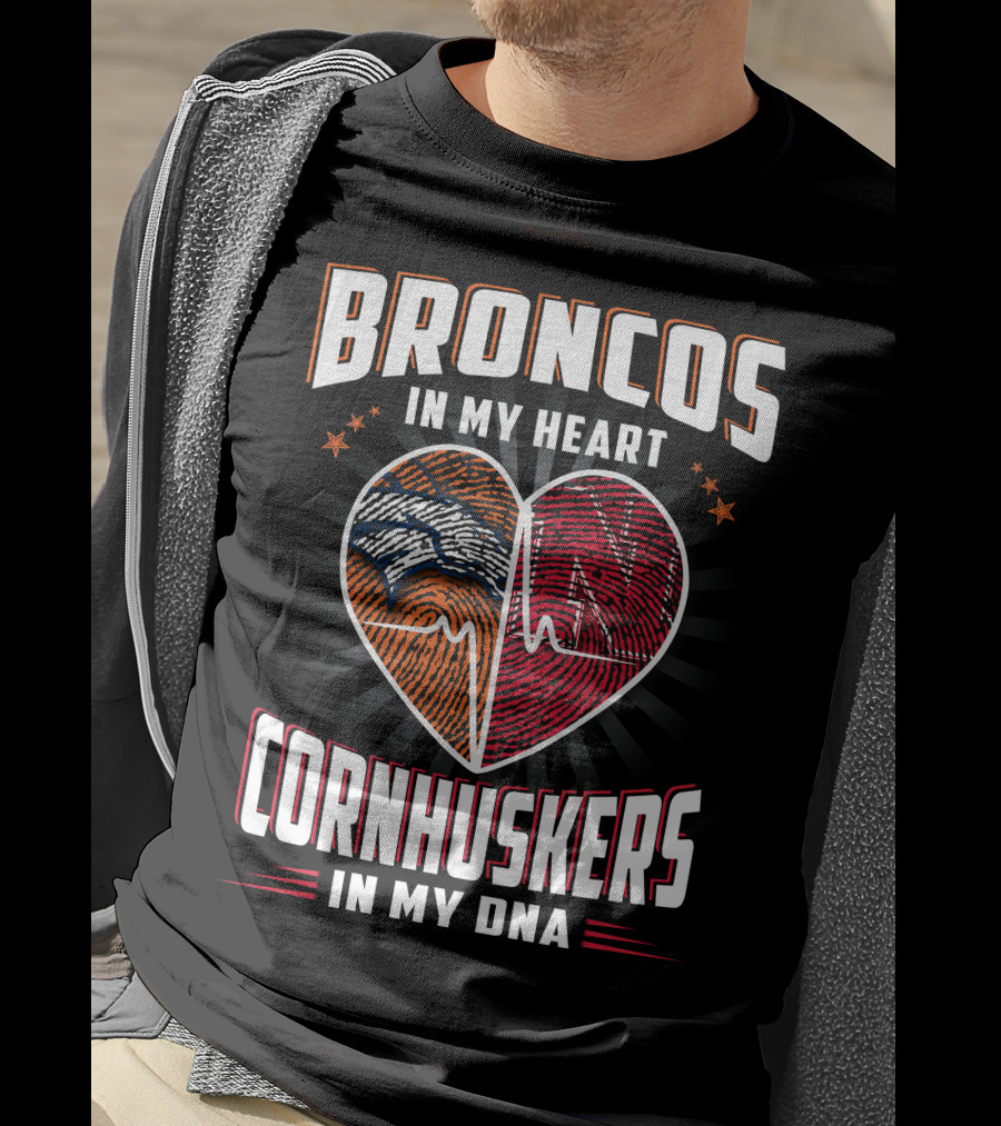 Broncos Heart Cornhuskers Dna Fingerprint Football Pride T-Shirt