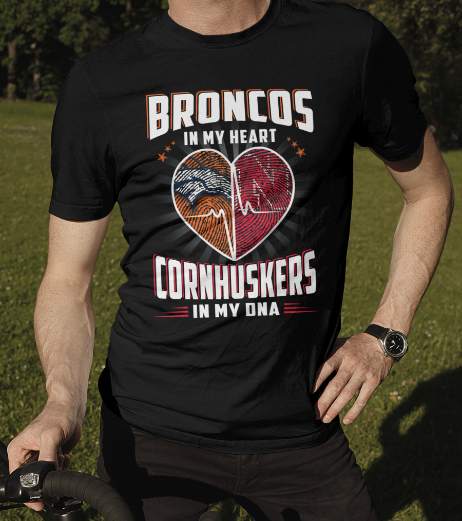 Broncos Heart Cornhuskers Dna Fingerprint Football Pride T-Shirt