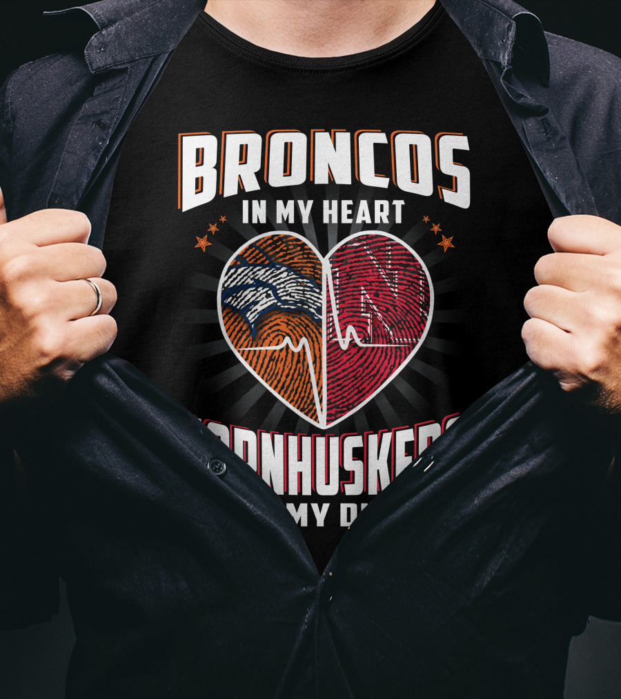 Broncos Heart Cornhuskers Dna Fingerprint Football Pride T-Shirt