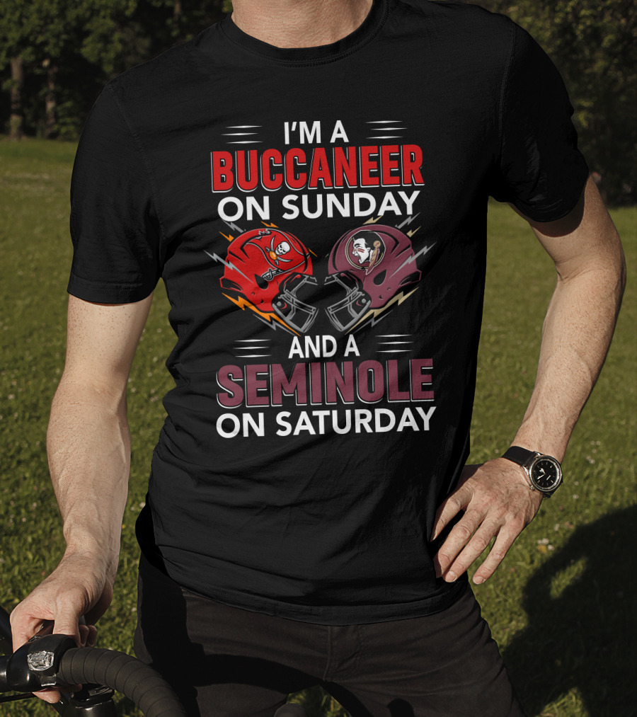 I'm A Buccaneer On Sunday And A Seminole On Saturday Helmet Logo Matchup T-Shirt