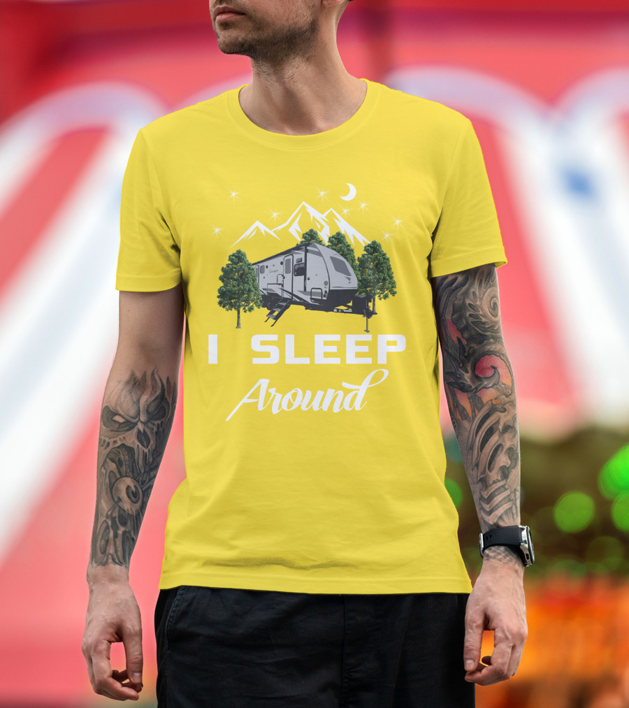 I SLEEP AROUND Forest River Surveyor Camper and Mountain Scene T-Shirt
