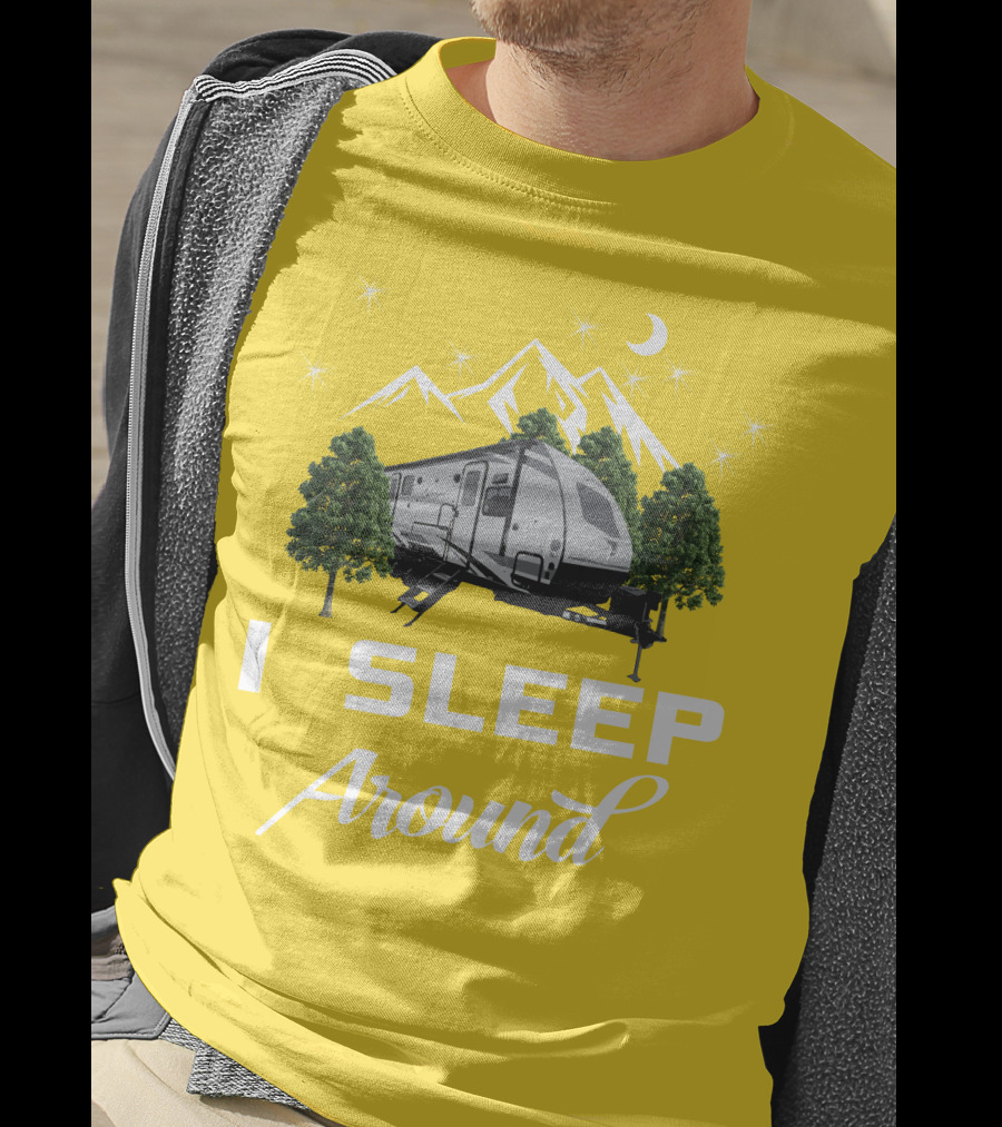 I SLEEP AROUND Forest River Surveyor Camper And Mountain Scene T-Shirt