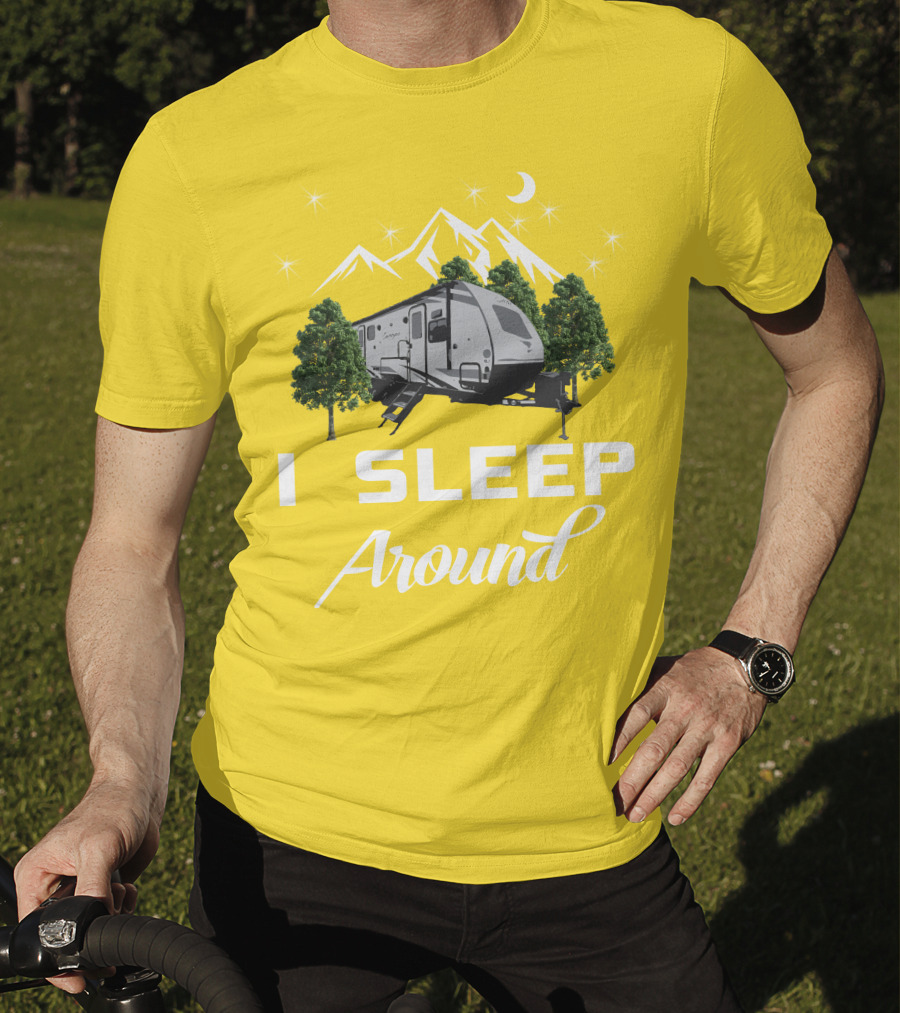 I SLEEP AROUND Forest River Surveyor Camper And Mountain Scene T-Shirt