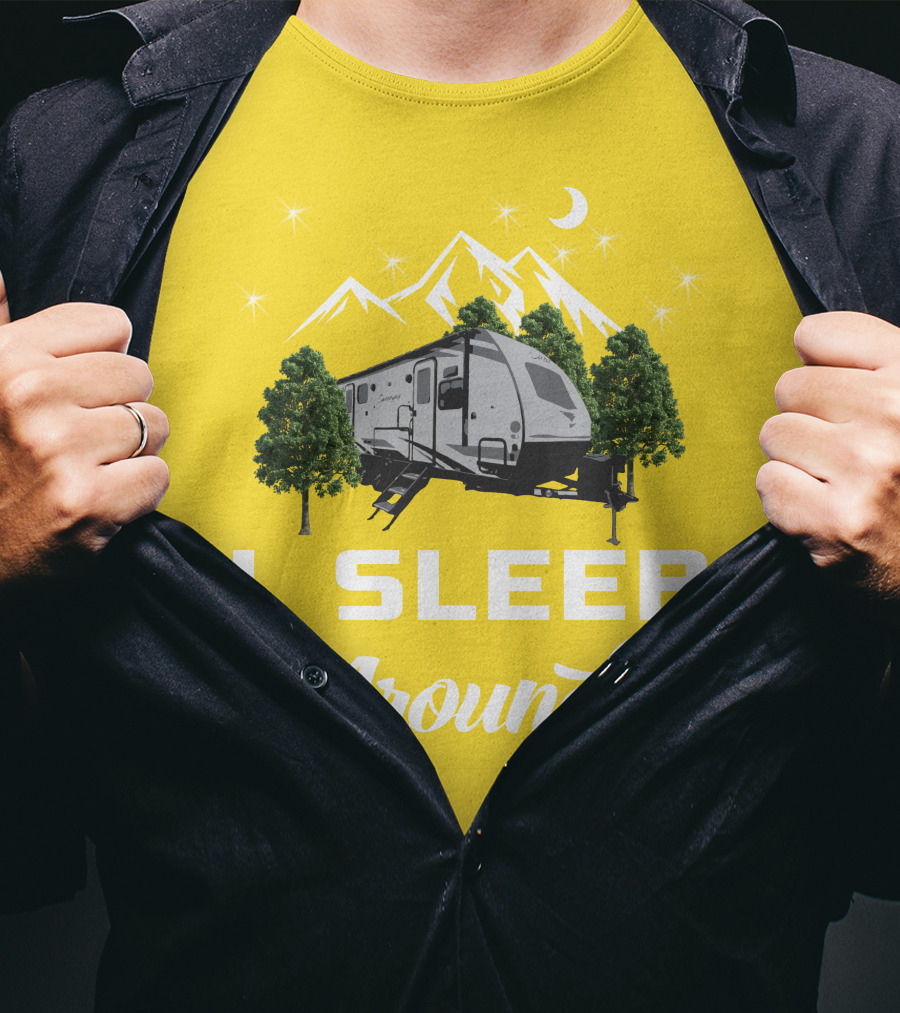 I SLEEP AROUND Forest River Surveyor Camper And Mountain Scene T-Shirt