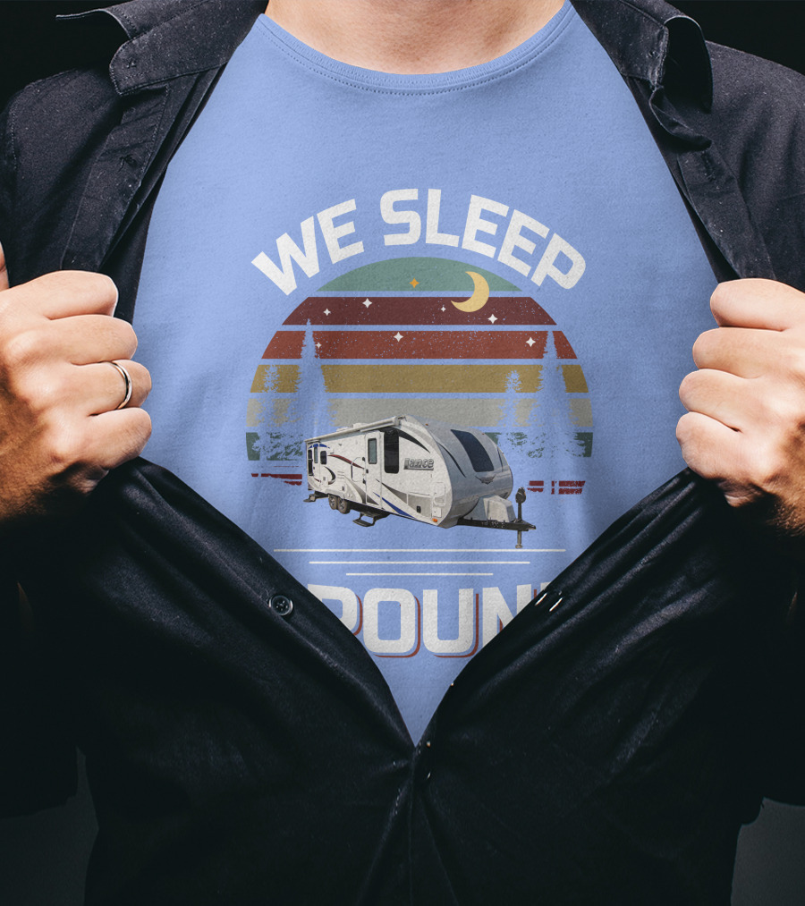 WE SLEEP AROUND Camper Moon Trees Retro Stripes T-Shirt