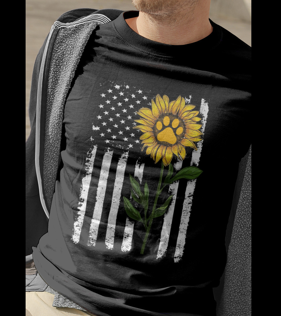 Sunflower Paw American Flag Vertical Stripes T-Shirt