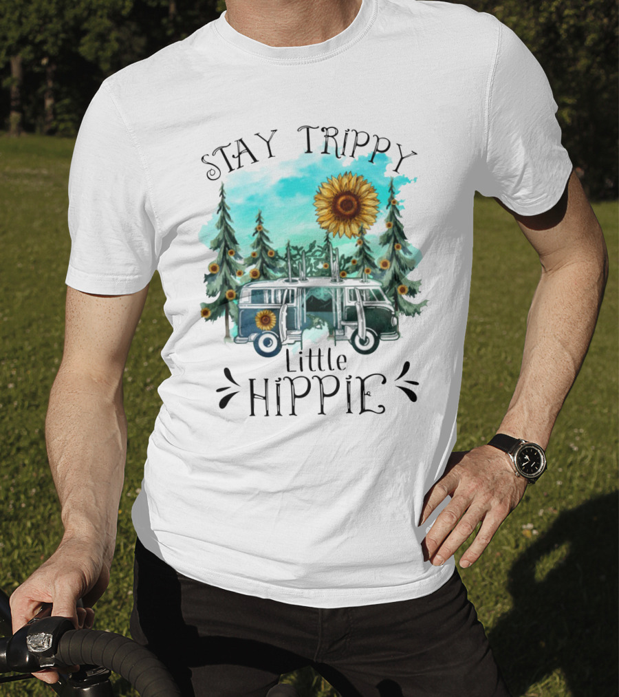 Stay Trippy Little Hippie Sunflower Van Among Forest Pines T-Shirt