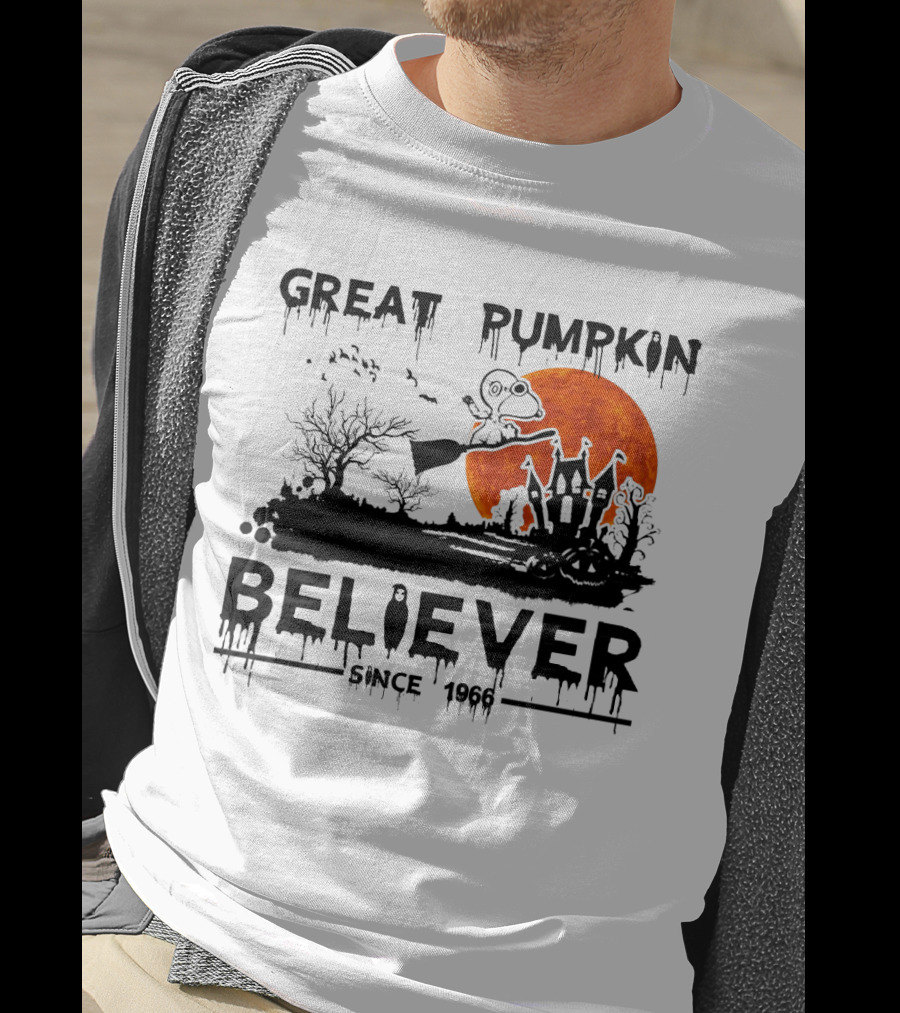 Great Pumpkin Believer Since 1966 Snoopy Flying On Broomstick Halloween Scene T-Shirt