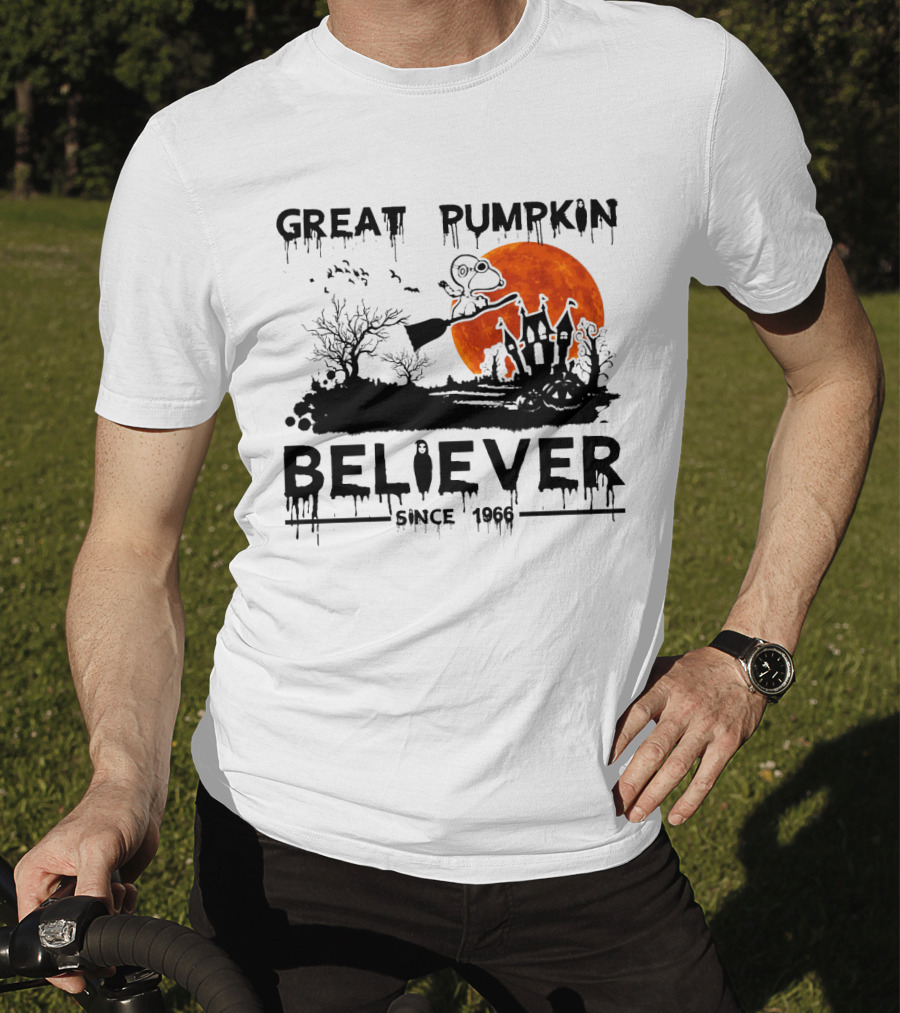 Great Pumpkin Believer Since 1966 Snoopy Flying On Broomstick Halloween Scene T-Shirt