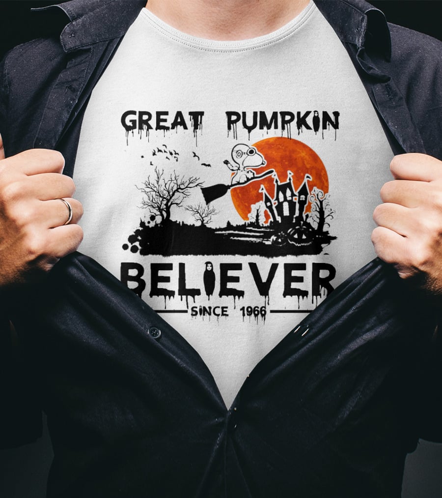 Great Pumpkin Believer Since 1966 Snoopy Flying On Broomstick Halloween Scene T-Shirt