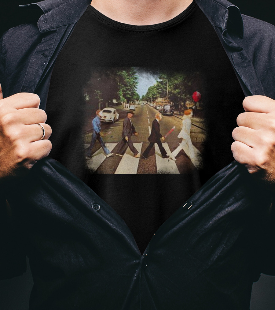 Horror Movie Characters Walking Across Iconic Abbey Road Album Cover Scene T-Shirt