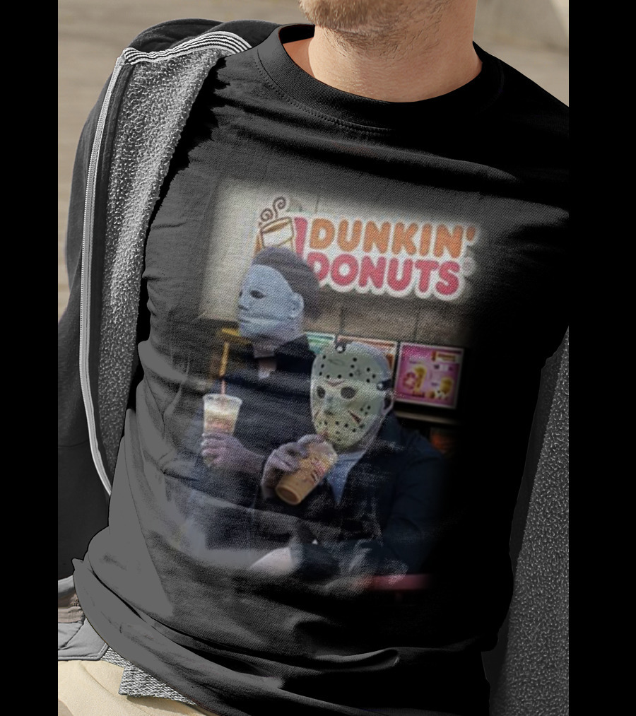 Michael Myers And Jason Voorhees At Dunkin' Donuts Holding Drinks T-Shirt