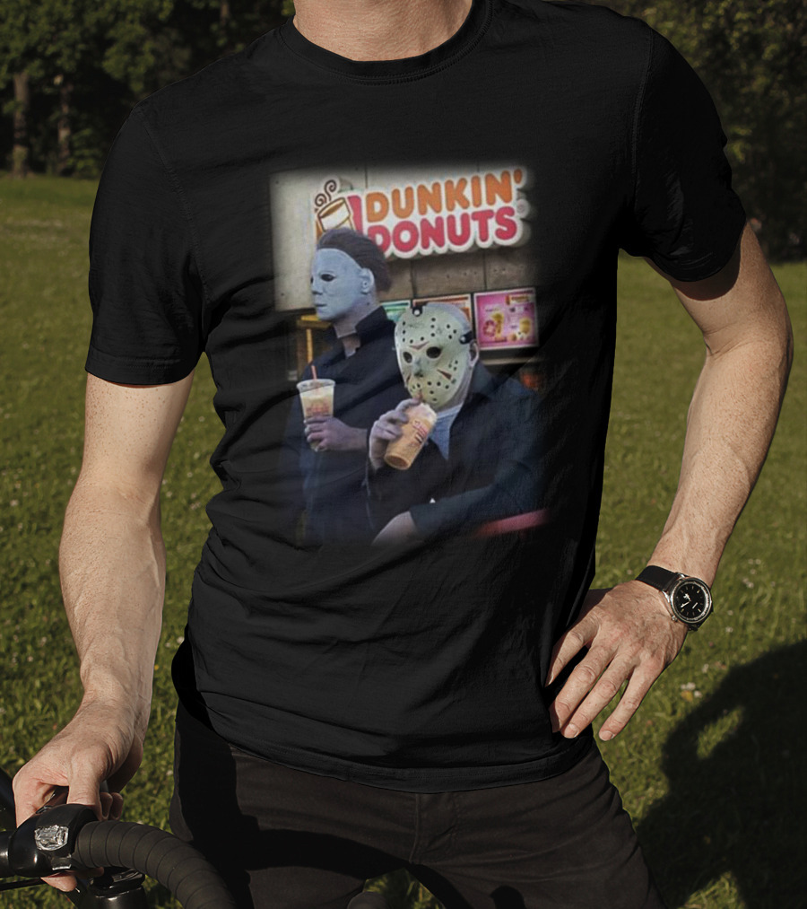 Michael Myers And Jason Voorhees At Dunkin' Donuts Holding Drinks T-Shirt