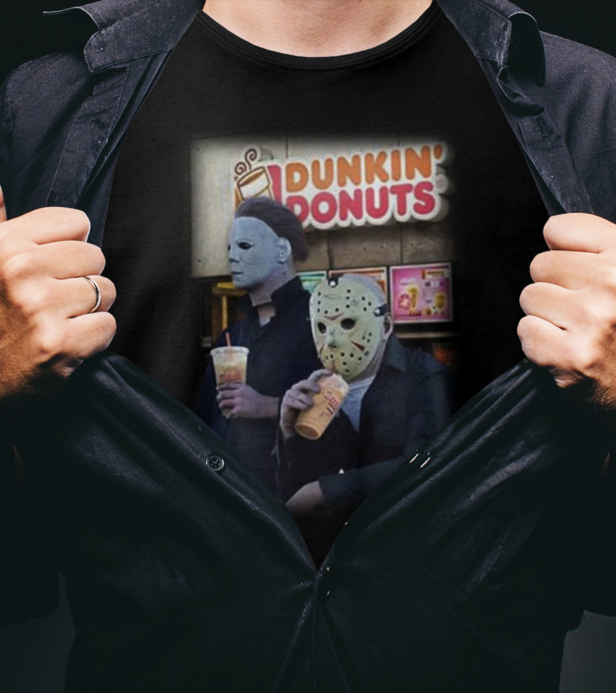 Michael Myers And Jason Voorhees At Dunkin' Donuts Holding Drinks T-Shirt