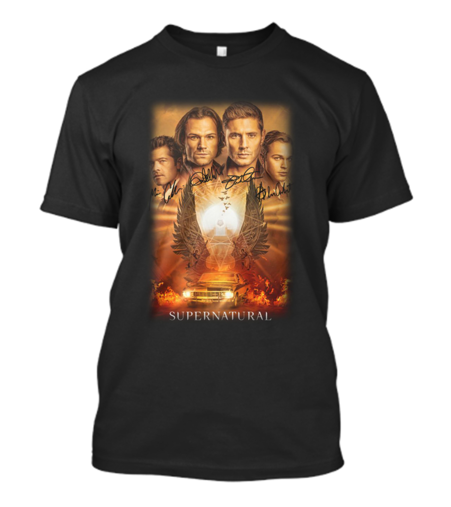 Supernatural Cast Autograph Collage With Angelic Symbol And Impala Flame Scene T-Shirt