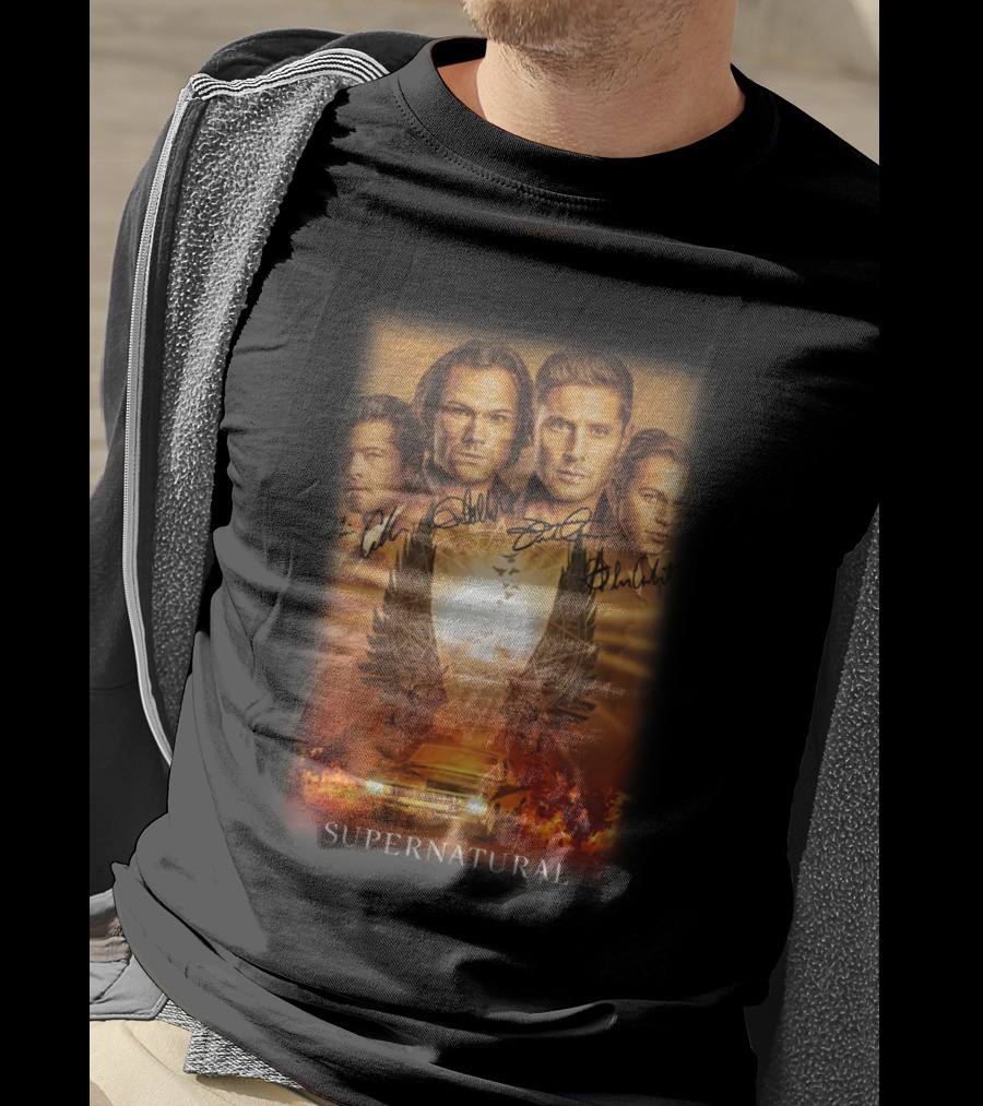 Supernatural Cast Autograph Collage With Angelic Symbol And Impala Flame Scene T-Shirt