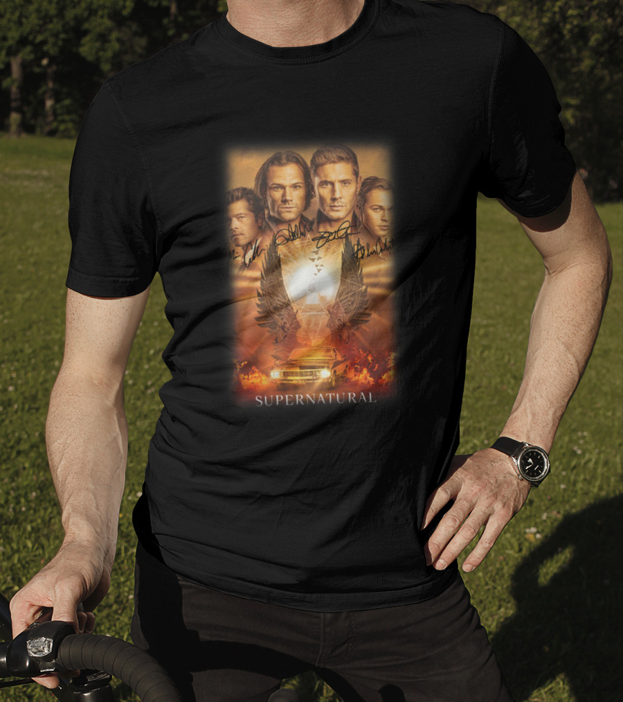 Supernatural Cast Autograph Collage With Angelic Symbol And Impala Flame Scene T-Shirt