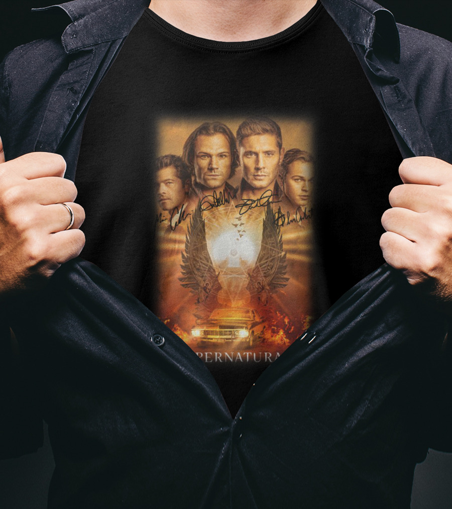 Supernatural Cast Autograph Collage With Angelic Symbol And Impala Flame Scene T-Shirt