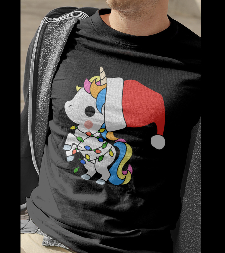 Unicorn Santa Christmas Lights Festive Fantasy T-Shirt