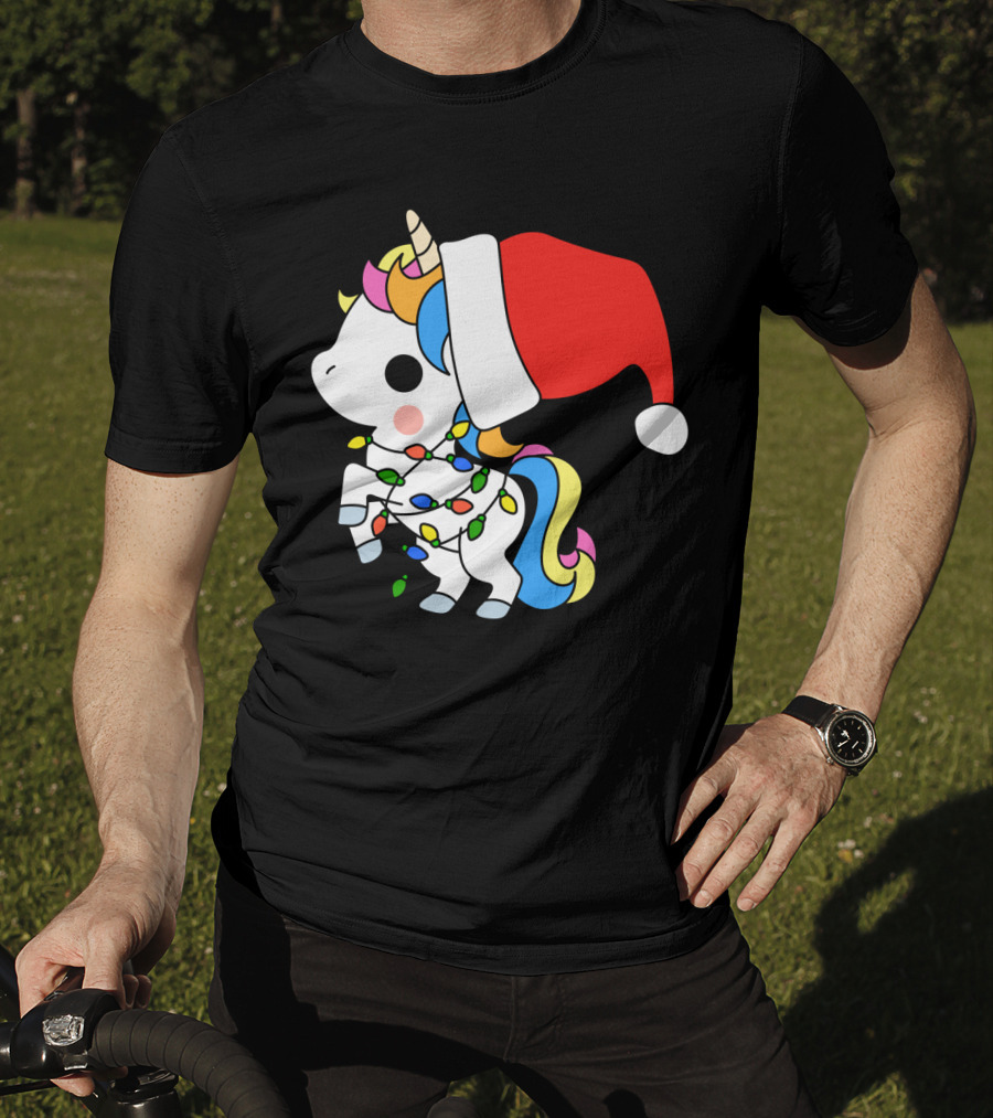 Unicorn Santa Christmas Lights Festive Fantasy T-Shirt