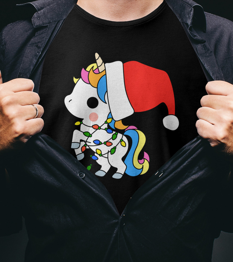 Unicorn Santa Christmas Lights Festive Fantasy T-Shirt