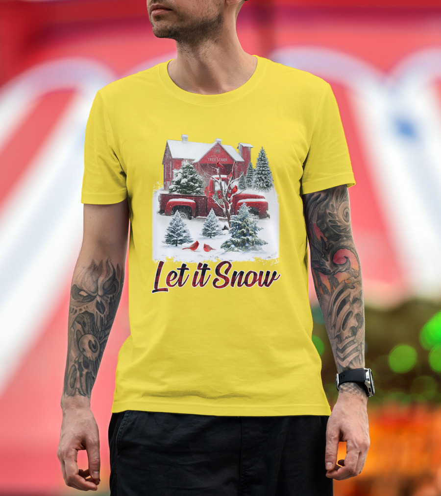 Let It Snow Cardinal Birds Red Tree Farm Holiday Scene T-Shirt