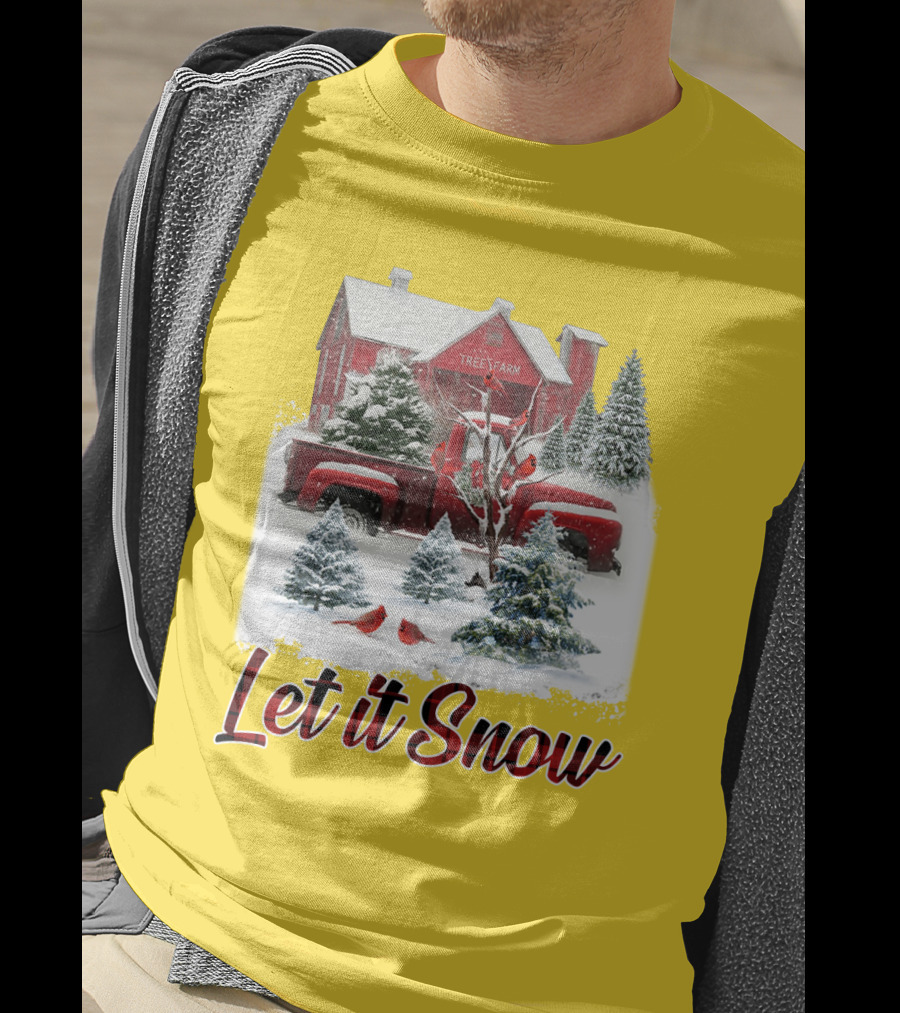 Let It Snow Cardinal Birds Red Tree Farm Holiday Scene T-Shirt
