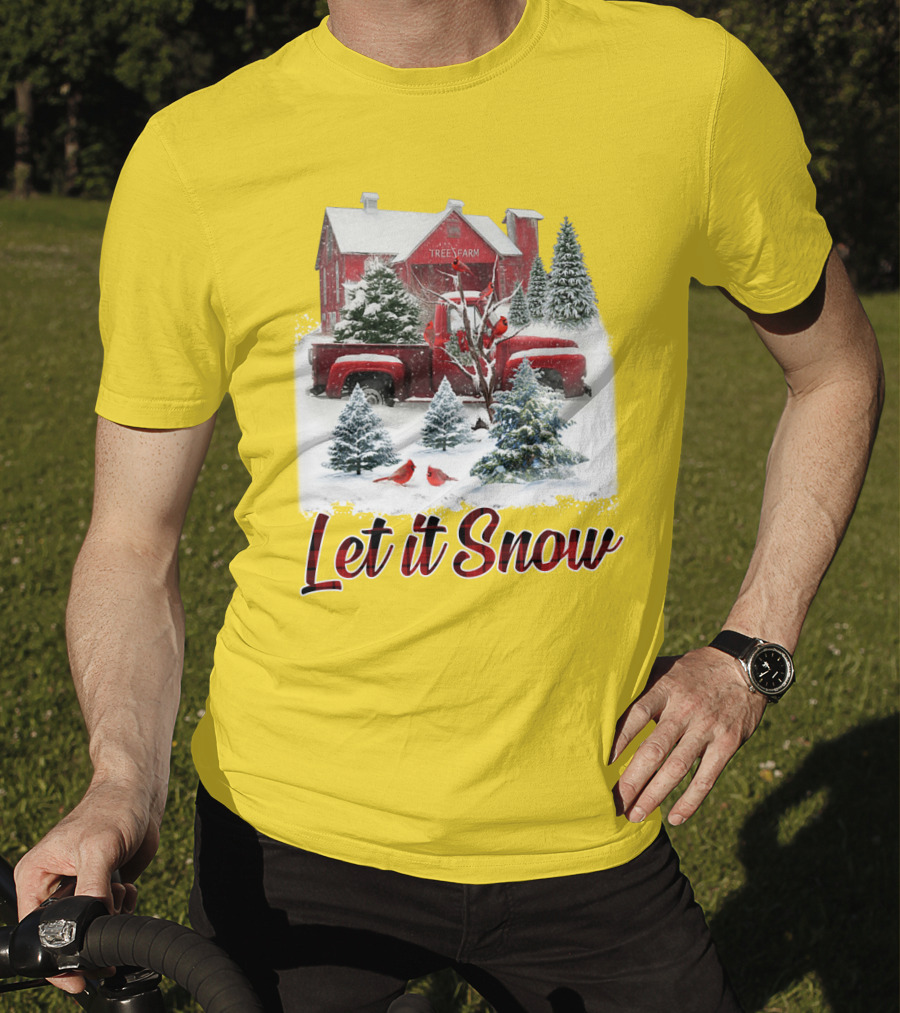 Let It Snow Cardinal Birds Red Tree Farm Holiday Scene T-Shirt