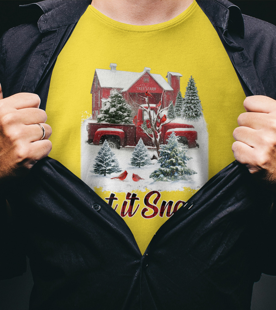 Let It Snow Cardinal Birds Red Tree Farm Holiday Scene T-Shirt