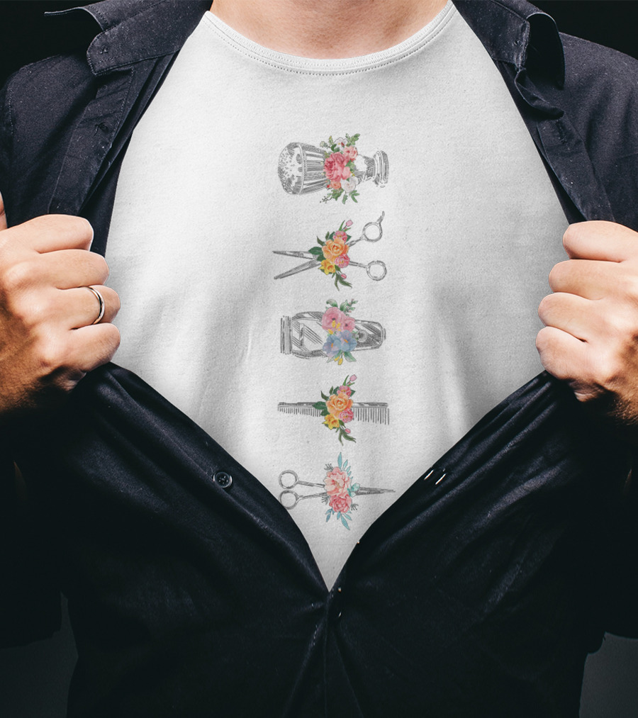 Hairstylist Floral Barber Tools Scissors Comb Vintage Roses Peonies Blossoms Hairdressing Accessories T-Shirt