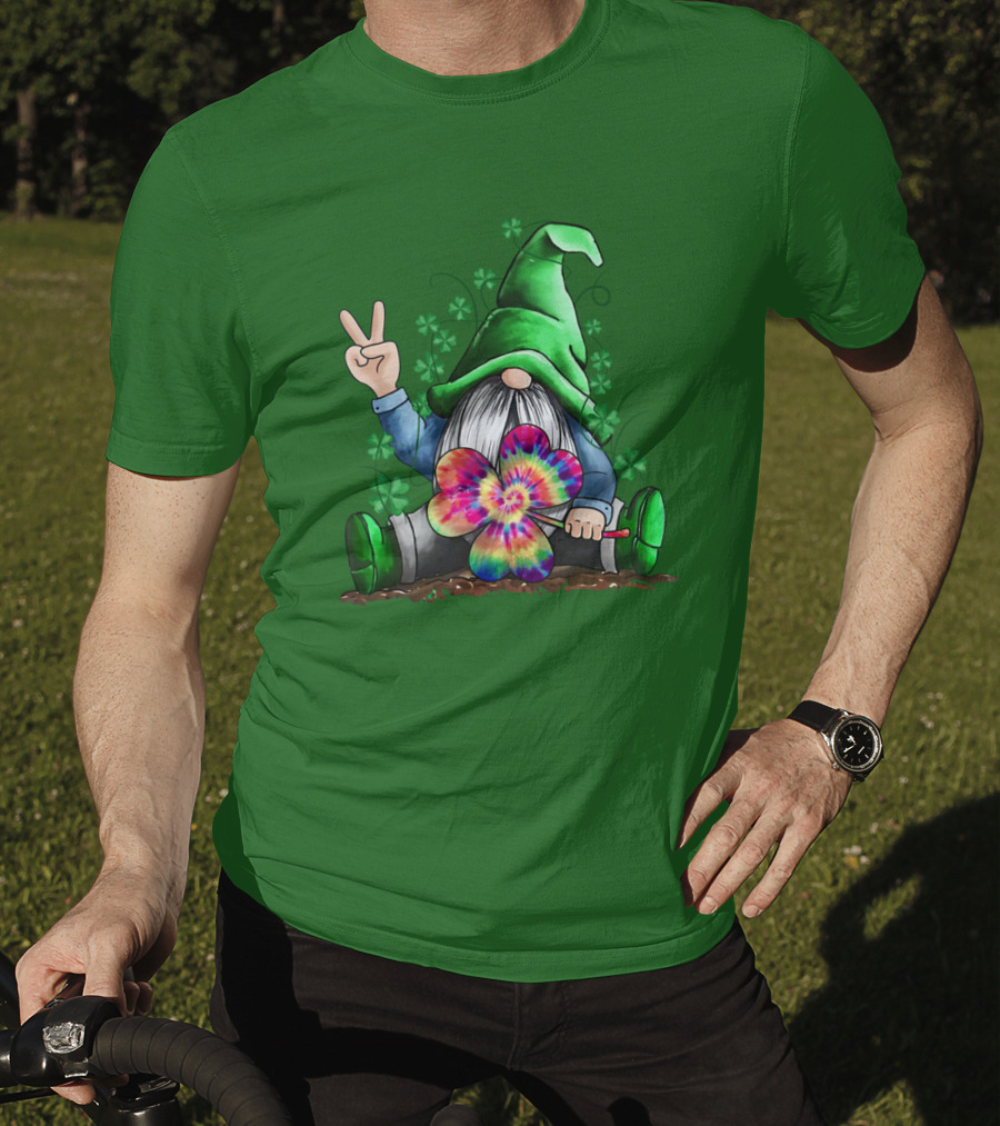 Hippie Gnome Irish With Tie-Dye Shamrock And Peace Sign T-Shirt