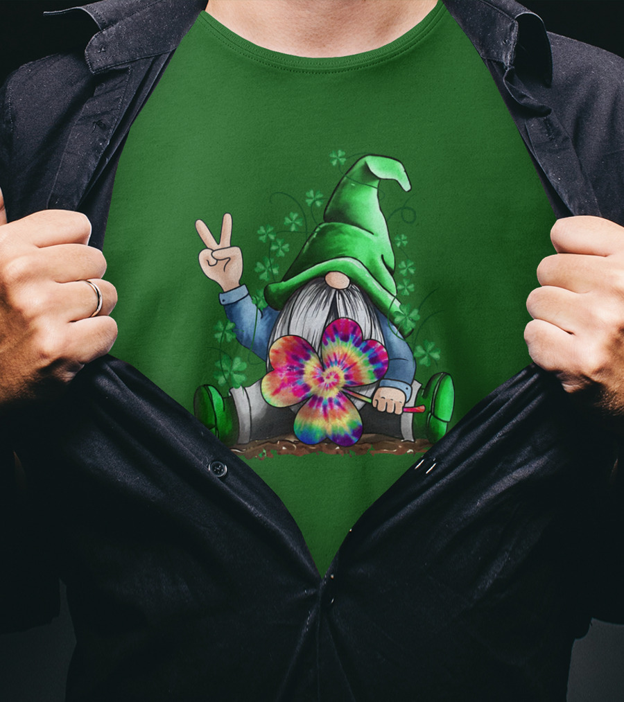 Hippie Gnome Irish With Tie-Dye Shamrock And Peace Sign T-Shirt