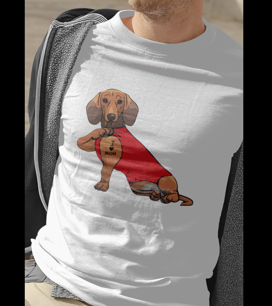 I Love Mom Dachshund Tattoo Puppy In Red T-Shirt