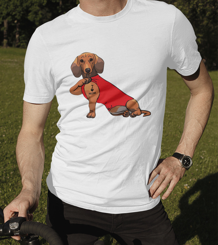 I Love Mom Dachshund Tattoo Puppy In Red T-Shirt