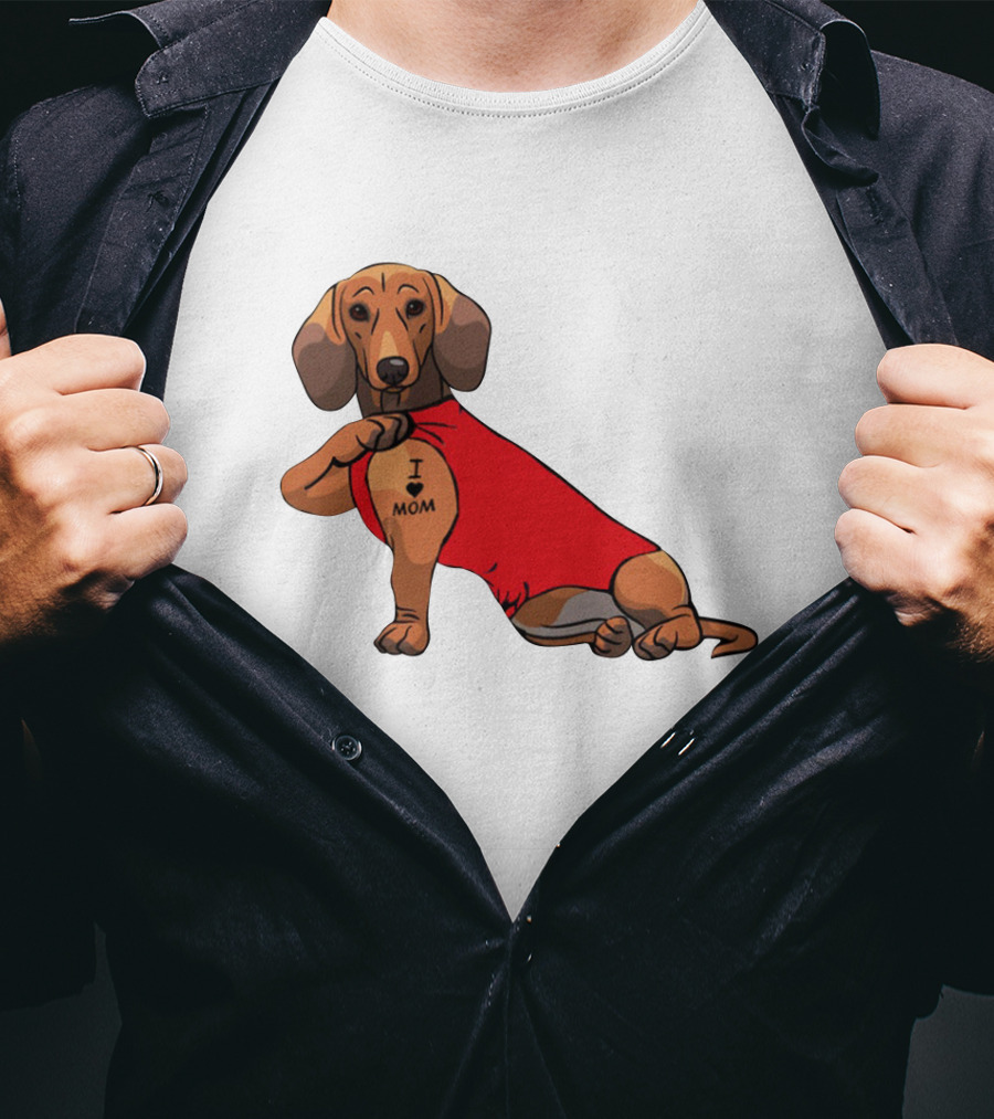 I Love Mom Dachshund Tattoo Puppy In Red T-Shirt